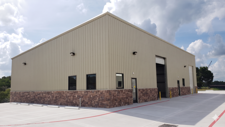 Exterior of a metal building at FM 529 Business Park Office/Warehouse Flex Space Phase I in Houston, TX by Keeton Construction Services, with an overhead door and paved concrete apron
