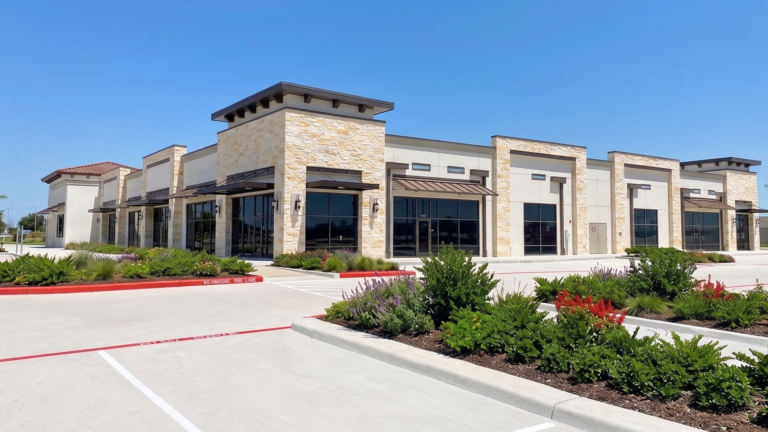 Exterior view of Bella Piazza Retail Center storefronts from the parking area, Richmond, TX - Keeton Construction Services