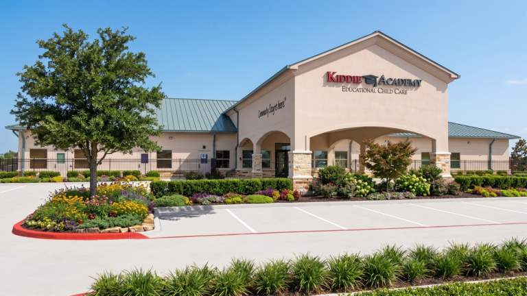 Exterior of Kiddie Academy Child Care in Rosenberg, TX, built by Keeton Construction Services, with landscaped parking area in the foreground