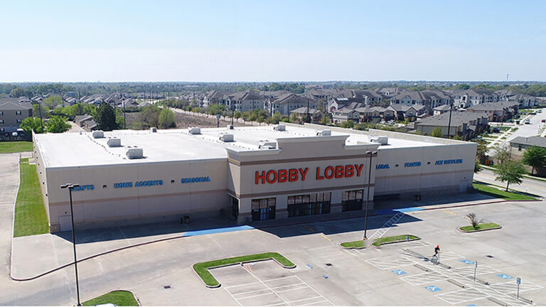 Aerial view of the Hobby Lobby Retail Center building and parking area in Houston, TX, built by Keeton Construction Services