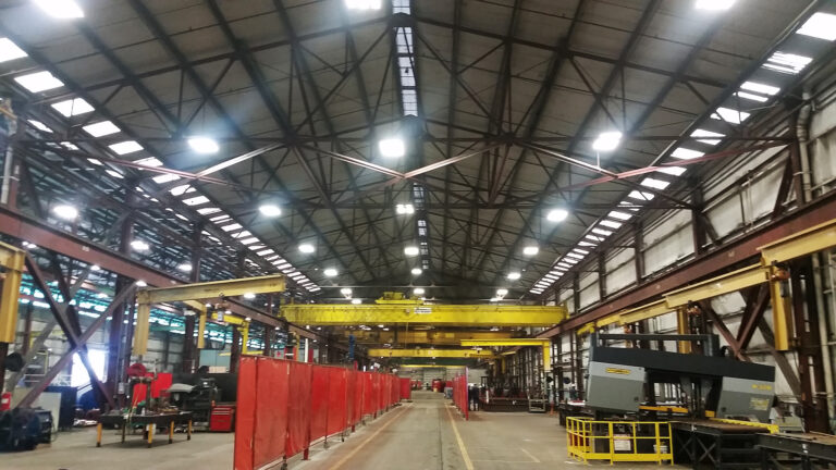 National Oilwell Varco facility interior in Houston TX showing overhead cranes and equipment bays, a Keeton Construction Services project