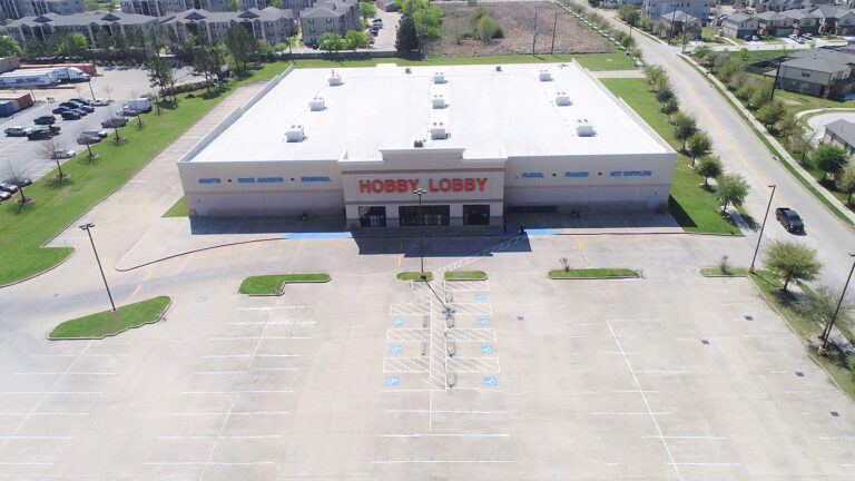 Front aerial view of the Hobby Lobby Retail Center and parking lot in Houston, TX by Keeton Construction Services