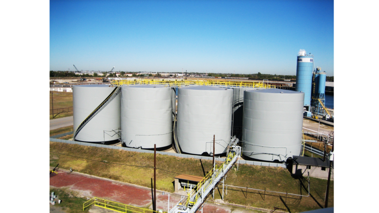 Jacob Stern and Son project in Houston, TX - aerial view of four large industrial storage tanks at the facility, by Keeton Construction Services