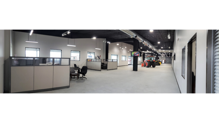Ewald Kubota Equipment Dealership Houston TX - panoramic interior view of office and showroom area, by Keeton Construction Services
