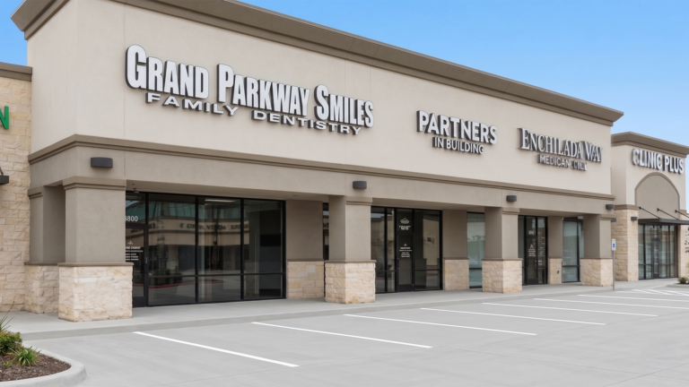 Close-up exterior view of Long Meadow Farms Retail Center in Houston TX, Keeton Construction Services, showing storefronts and parking area