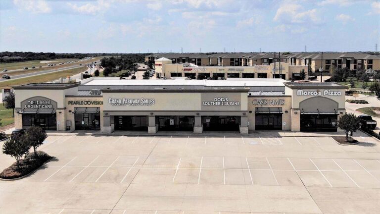 Aerial view of Long Meadow Farms Retail Center in Houston TX, Keeton Construction Services, showing the retail strip and parking lot