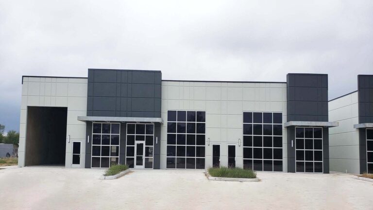 Park 723 Office/Warehouse Flex Space in Rosenberg, TX - close view of building exterior with glazed storefront entries, by Keeton Construction Services