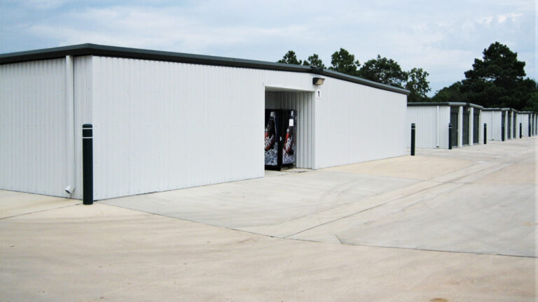 Greenhouse Mini Storage in Houston, TX - exterior of a metal storage building with paved drive, built by Keeton Construction Services