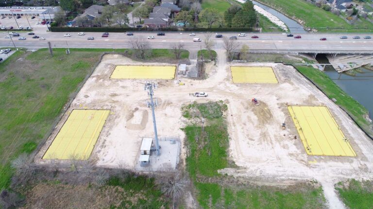 Aerial view of Legacy Business Park in Cypress TX early in construction showing graded pads and site work in progress by Keeton Construction Services