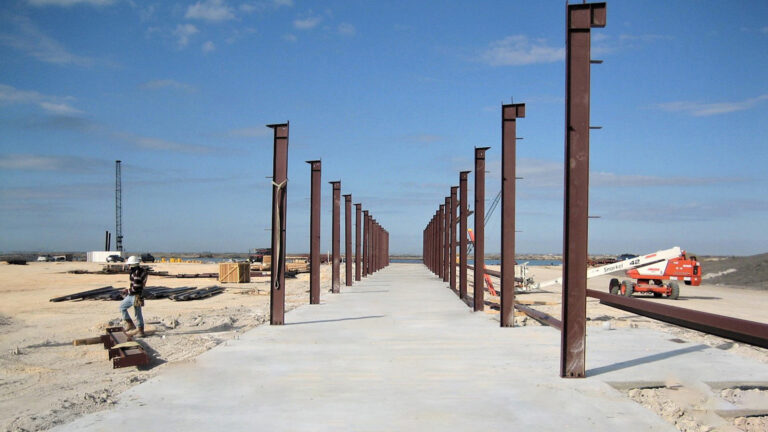 Helix Energy Solutions Spool Base in Ingleside, TX - steel columns erected on a slab during construction, by Keeton Construction Services
