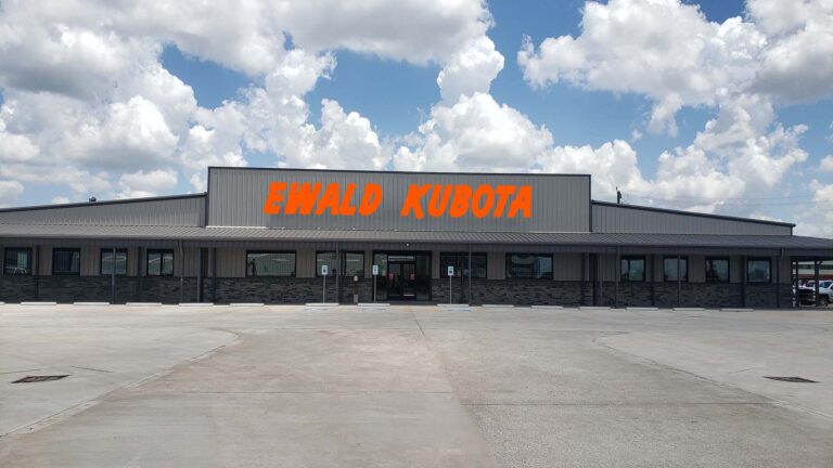Ewald Kubota Equipment Dealership Houston TX - front exterior of the building with signage and paved lot, by Keeton Construction Services
