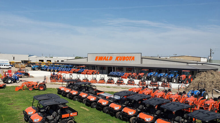 Ewald Kubota Equipment Dealership in Houston, TX - exterior view of building with lot full of equipment, by Keeton Construction Services