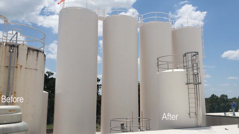 Before and after view of Borden Dairy silos in Houston, TX showing work by Keeton Construction Services
