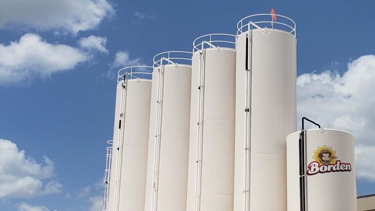Borden Dairy silo cluster with Borden logo in Houston, TX, a Keeton Construction Services project