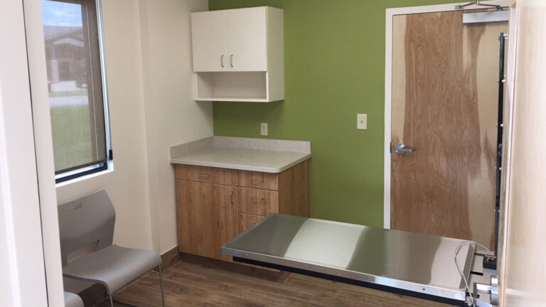 Interior exam room at Fairfield Animal Hospital in Cypress, TX built by Keeton Construction Services, with exam table and wall cabinetry