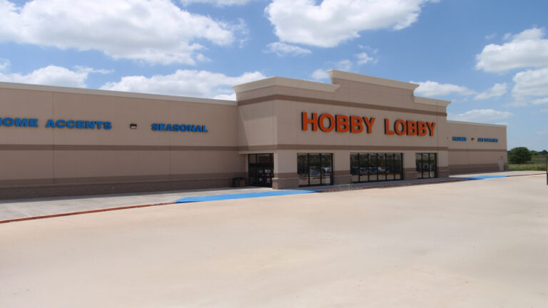 Ground-level exterior view of the Hobby Lobby Retail Center entrance and facade in Houston, TX by Keeton Construction Services