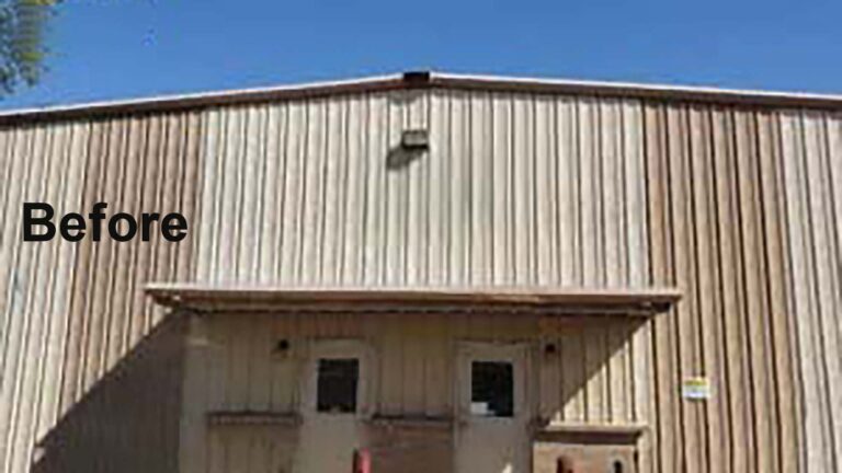 Before view of the Sherman Roto Tank building exterior in Pearland, TX showing the weathered facade prior to Keeton Construction Services work