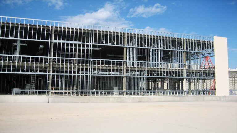 Labatt Food Service Houston, TX during construction: exposed structural framing of a multi-story building, Keeton Construction Services