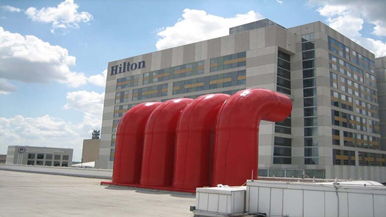 Rooftop view of large mechanical pipe assemblies at the George R Brown Convention Center in Houston, TX, a Keeton Construction Services project