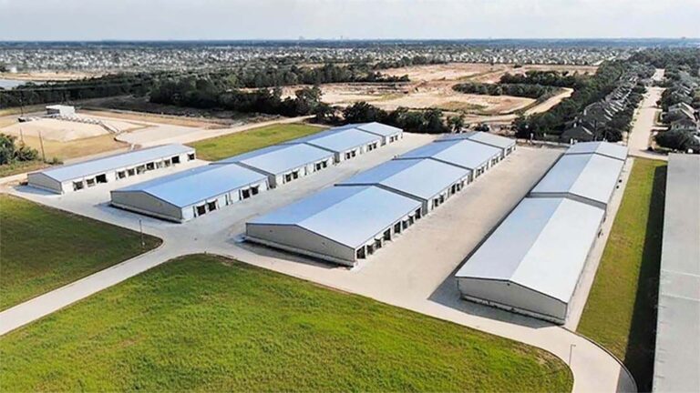 Aerial view of FM 529 Business Park Phase II in Katy TX showing multiple metal buildings and driveways by Keeton Construction Services