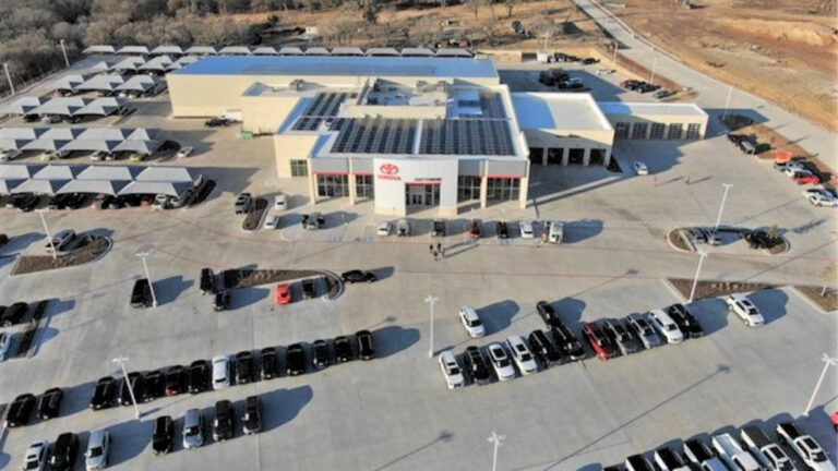 Aerial view of Shottenkirk Toyota in Weatherford, TX showing the dealership building and parking lot - Keeton Construction Services