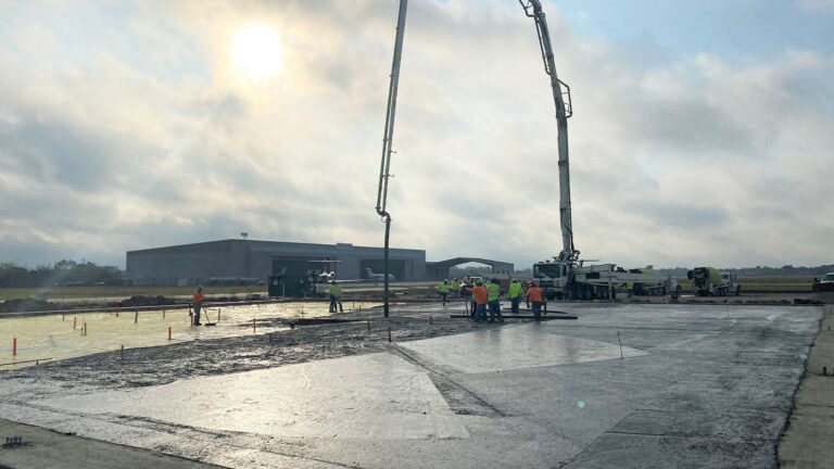 Concrete pour in progress at Houston Signature Flight Support Hobby, Houston, TX, by Keeton Construction Services