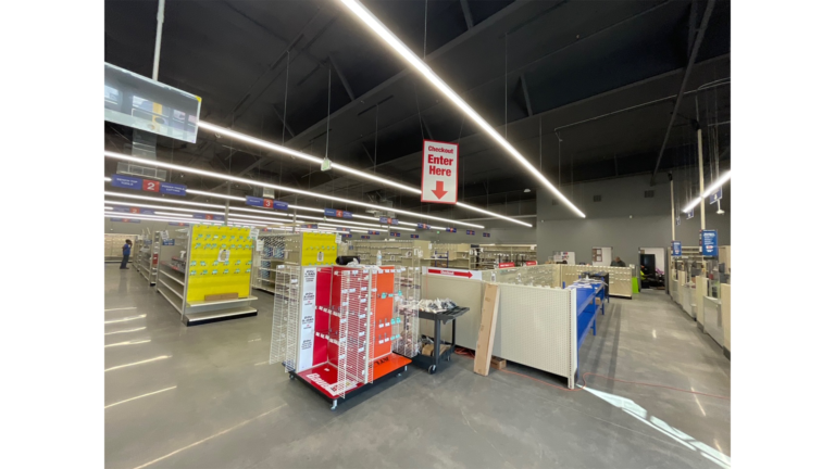 Interior retail floor of the Harbor Freight Baytown project by Keeton Construction Services with shelving and product displays being set up, Baytown, TX