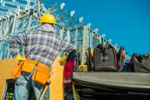 Construction contractor during metal building construction. 