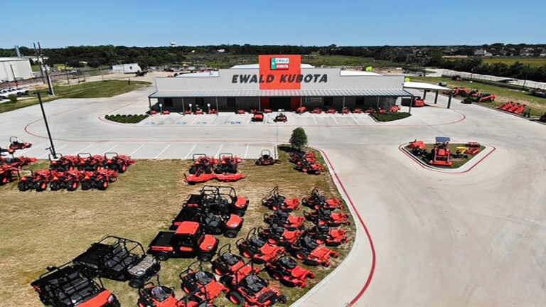 Aerial view of Ewald Kubota Equipment Dealership Rosenberg TX with equipment displayed on the lot, built by Keeton Construction Services