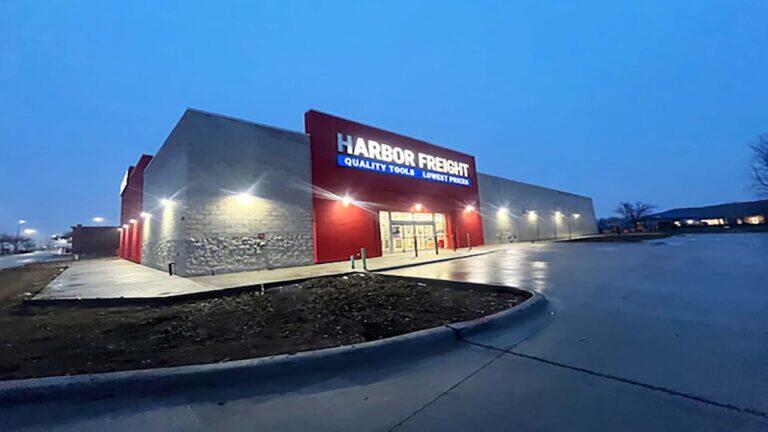 Harbor Freight Watauga building exterior at dusk with exterior lighting, by Keeton Construction Services, Watauga, TX
