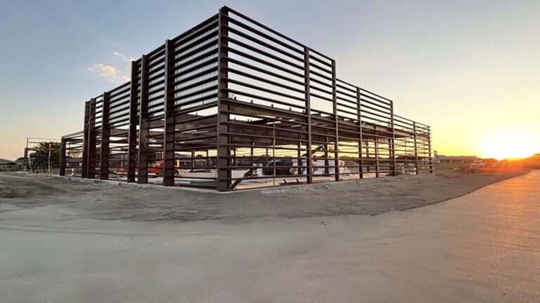 Harbor Freight Watauga steel structural framing during construction at sunset, by Keeton Construction Services, Watauga, TX