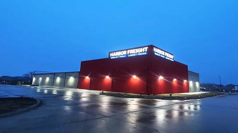 Harbor Freight Watauga corner exterior view at night with lit signage on two facades, by Keeton Construction Services, Watauga, TX