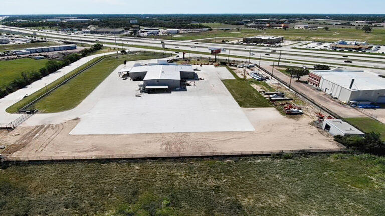 Aerial view of Ewald Kubota Equipment Dealership Rosenberg TX site during construction, Keeton Construction Services