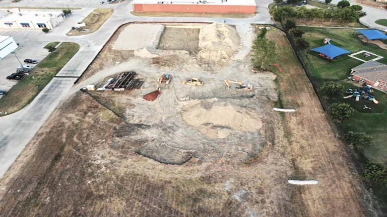 Harbor Freight Watauga aerial view of site during excavation and sitework, by Keeton Construction Services, Watauga, TX