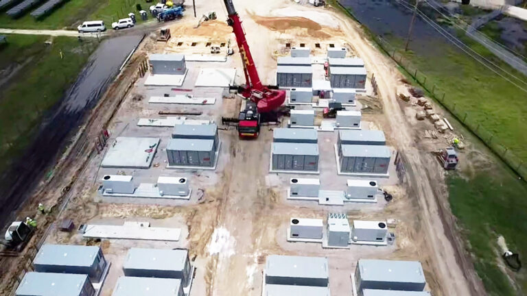 Aerial view of Axium Solar Farm in Alvin, TX during construction, with a crane and modular units being placed on site by Keeton Construction Services