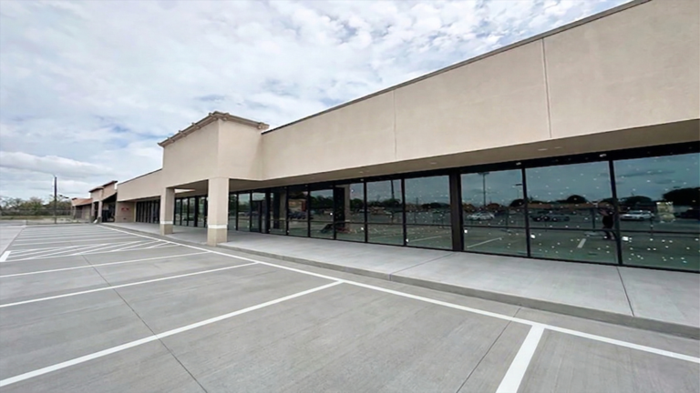 Fairmont Retail Center exterior with storefront windows and parking area, Pasadena TX - Keeton Construction Services
