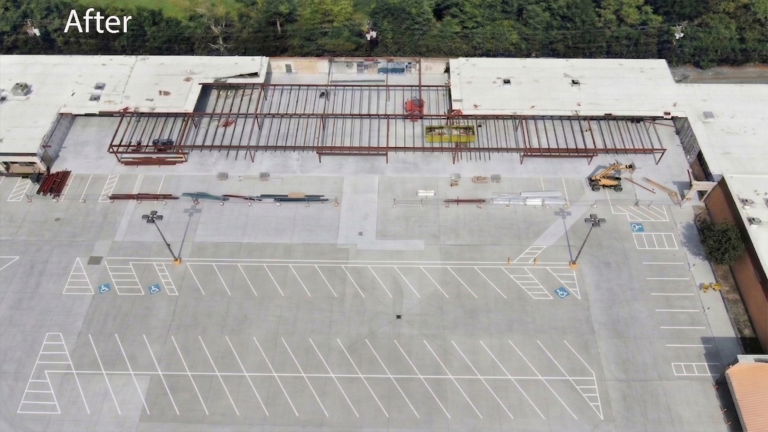 Aerial view of Fairmont Retail Center site with structural steel framing in progress, Pasadena TX - Keeton Construction Services