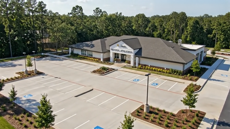 Aerial view of Prescolaire Early Learning Academy Katy building and parking area, by Keeton Construction Services, Katy TX