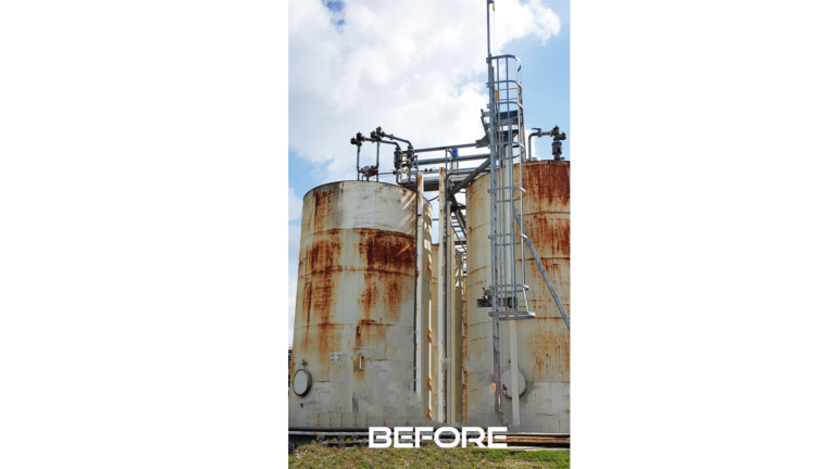 Univar Solutions Waller before view showing heavily corroded storage tanks, Waller TX - Keeton Construction Services project prior to work