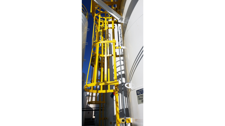 Univar Solutions Brisbane yellow safety cage ladder and access platform on a storage tank by Keeton Construction Services, Houston TX
