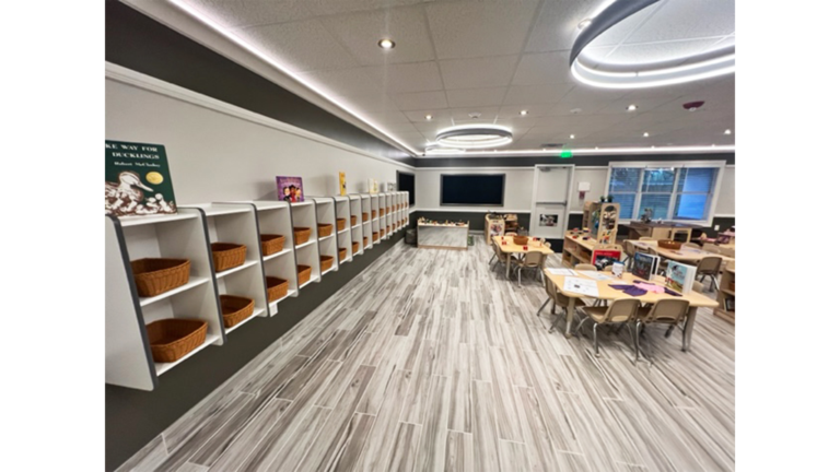 Classroom interior with shelving and child-sized tables at Prescolaire Early Learning Academy Katy, Keeton Construction Services, Katy TX