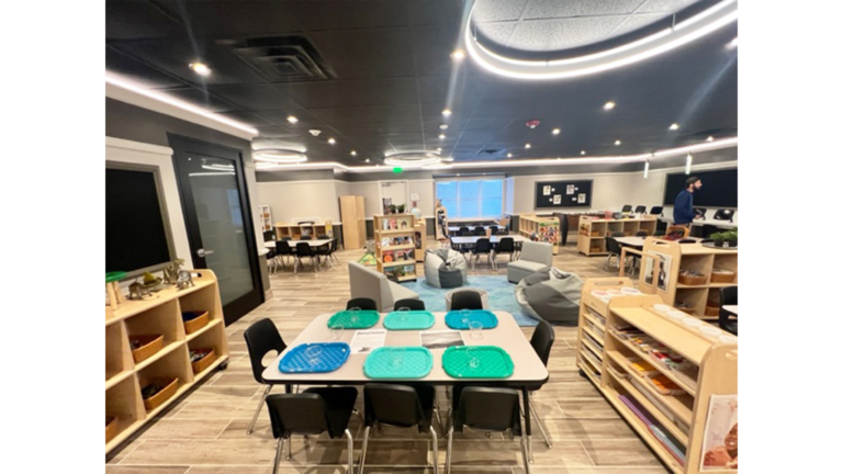 Open classroom interior with multiple table areas at Prescolaire Early Learning Academy Katy, Keeton Construction Services, Katy TX