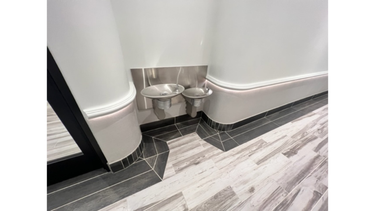 Double drinking fountains in a hallway alcove at Prescolaire Early Learning Academy Katy, built by Keeton Construction Services, Katy TX