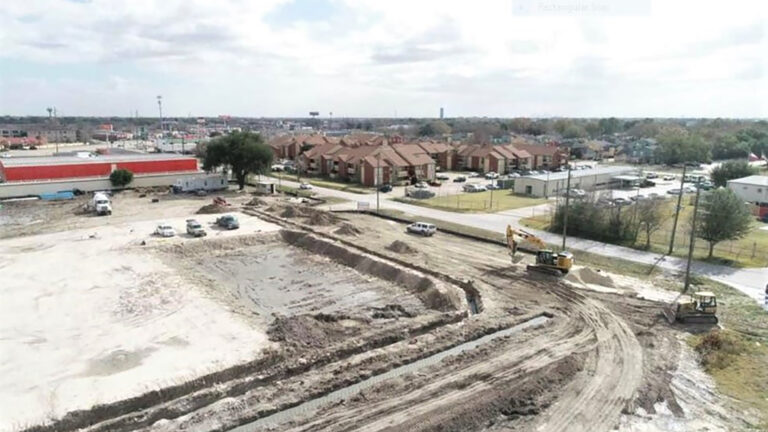 Aerial view of the Gourmet Foods site in Houston, TX with excavation and grading underway and equipment visible, by Keeton Construction Services