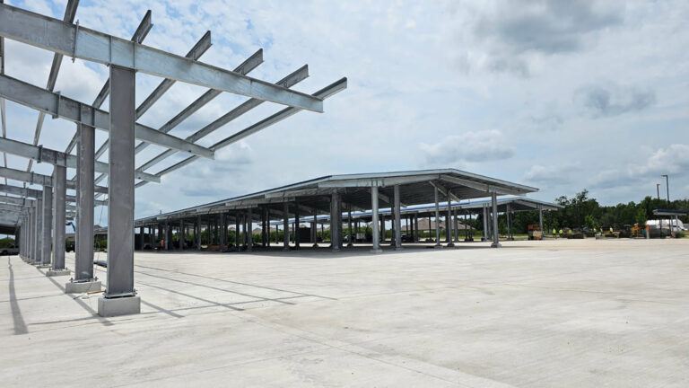 Lamar CISD Transportation Center Bus Canopies in Rosenberg TX - canopy framing during construction, Keeton Construction Services