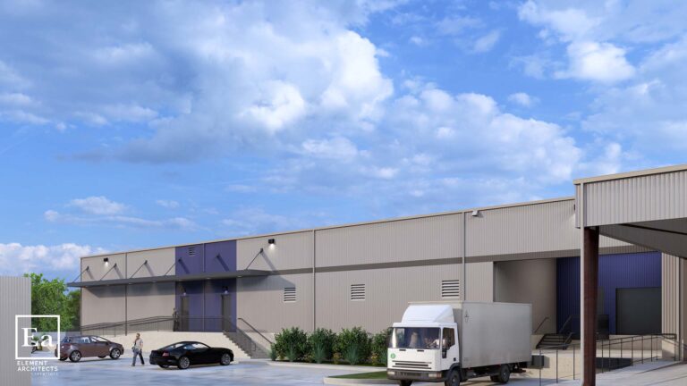 Architectural rendering of Gulf Coast Regional Blood Center in Houston, TX by Keeton Construction Services, side exterior view with loading area