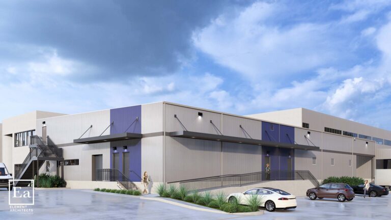 Architectural rendering of Gulf Coast Regional Blood Center in Houston, TX by Keeton Construction Services, front corner exterior view