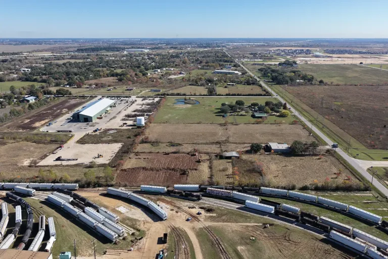 Aerial view of the Madden Bolt Corporation project area in Hockley, TX by Keeton Construction Services, with a rail yard visible in the foreground