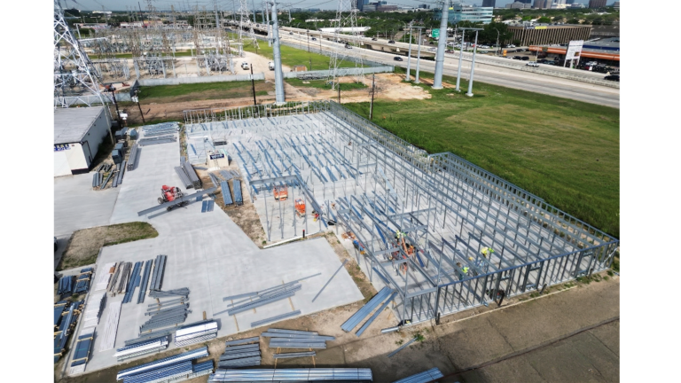 H-Town Public Storage in Houston, TX during construction - aerial view of structural framing and slab by Keeton Construction Services