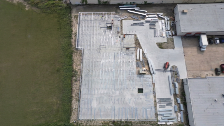 H-Town Public Storage in Houston, TX - overhead aerial view of the slab and framing grid during construction by Keeton Construction Services